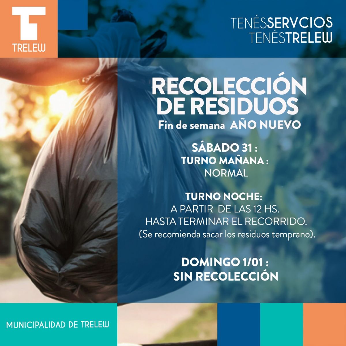 Conocé como serán los horarios de recolección de residuos para fin de año en Trelew