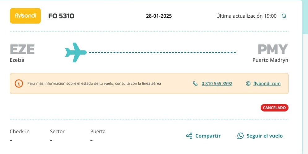 Flybondi canceló nuevamente un vuelo a Puerto Madryn, previsto para este martes