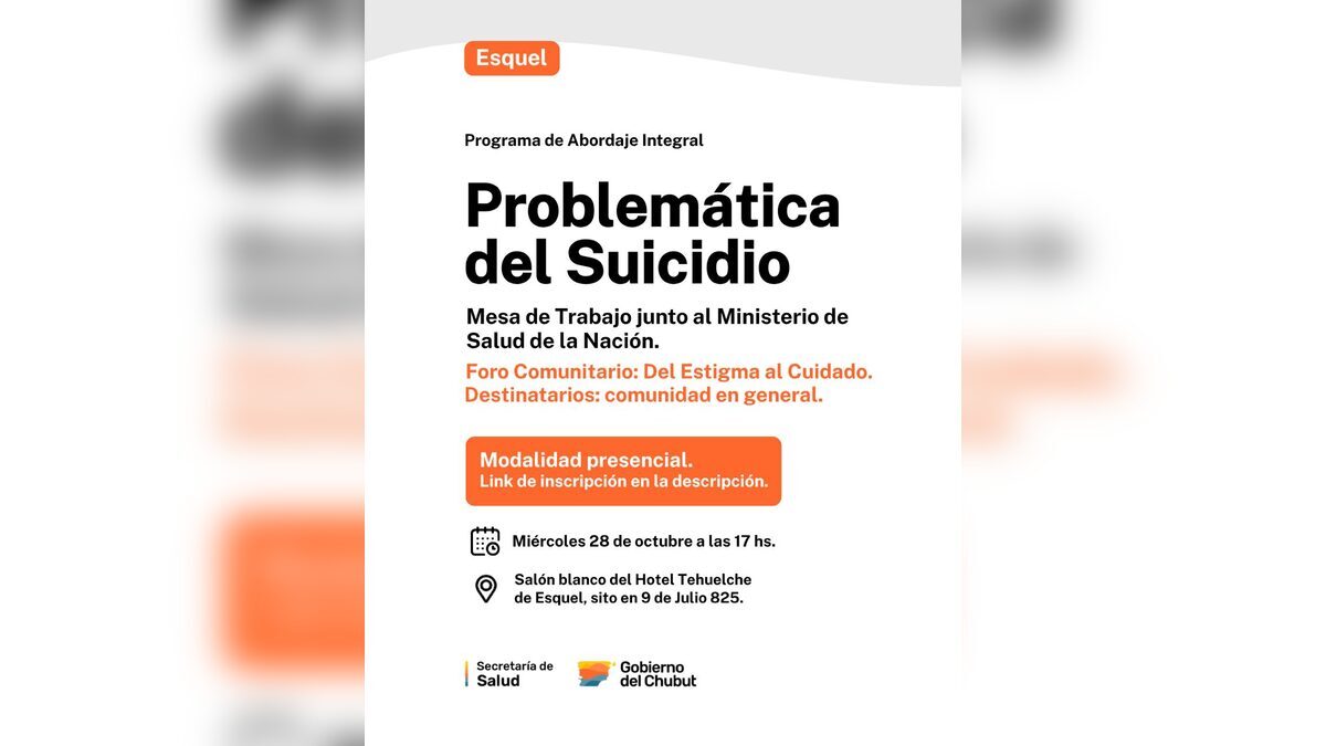 Prevención del suicidio: habrá un foro comunitario y capacitaciones en Esquel